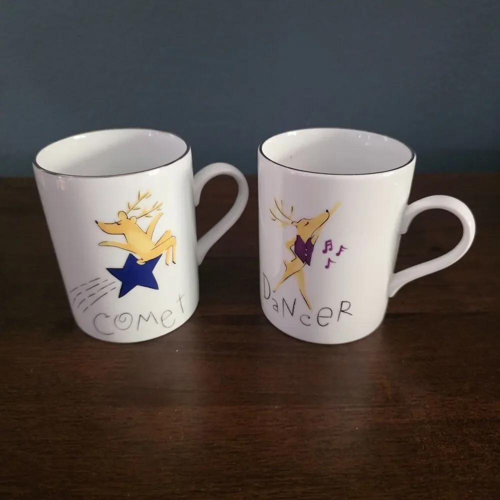 Vintage 2 Pottery Barn Christmas Reindeer Mugs Dancer Comet w/Silver Rims